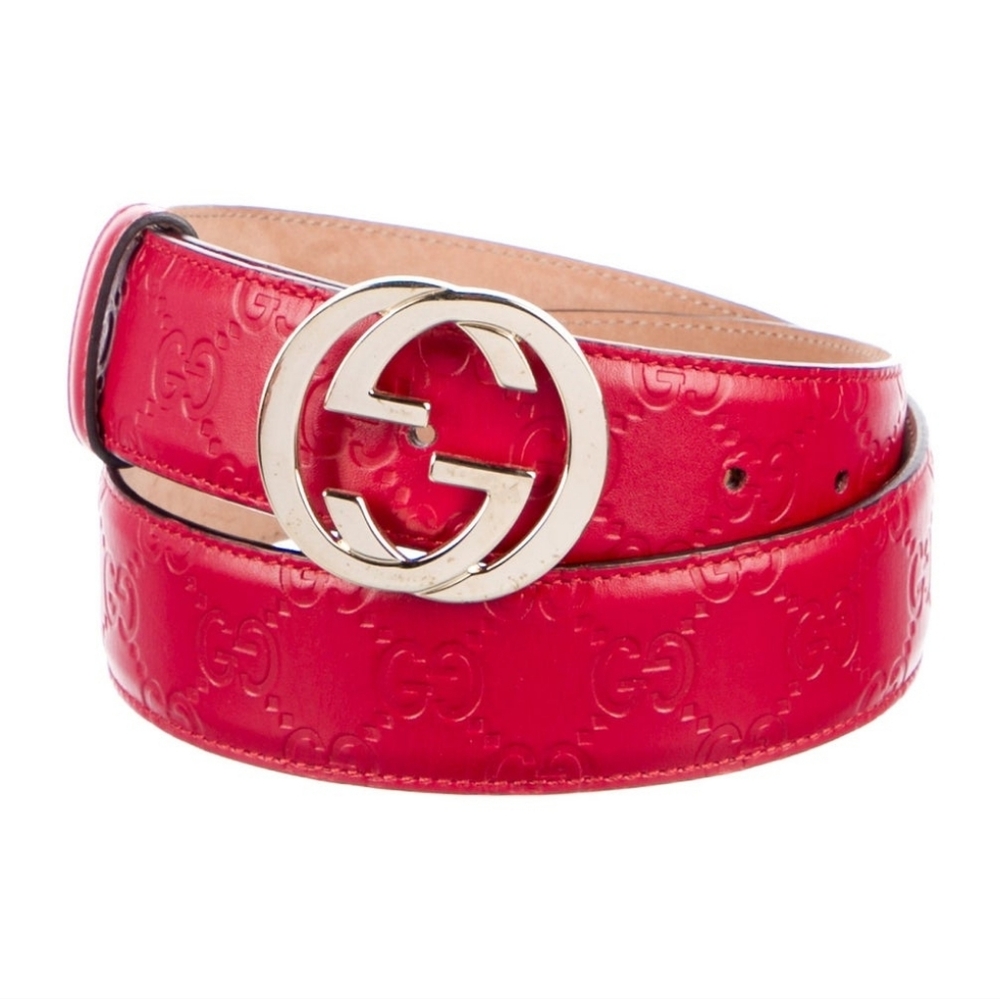 Gucci Red Patent GG-Embossed Belt with Gold Double G Buckle